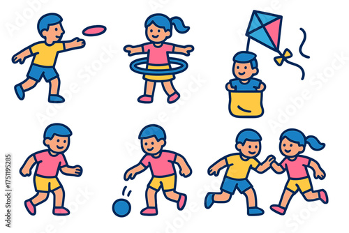 Set of six cartoon icons showing young children playing various outdoor games and recreational activities