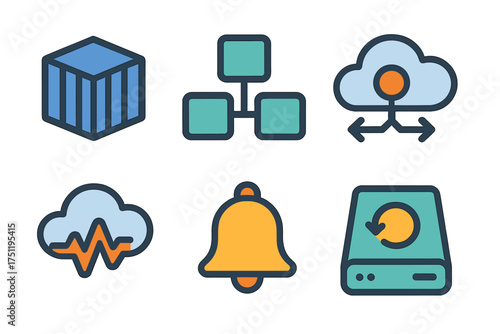Set of digital technology icons showing data storage, cloud network, organization chart, and notification