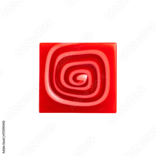 Glossy red square with swirling white pattern, centered on a black background