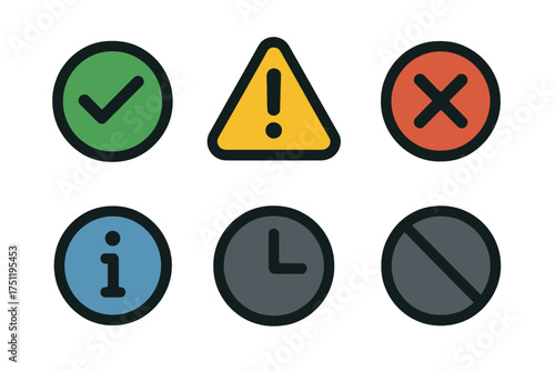 Set of six basic UI icons for status: confirmation, warning, error, info, time, and restriction