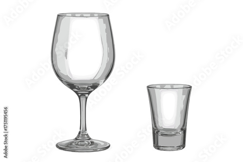 Empty wine glass and shot glass standing side by side on a white background
