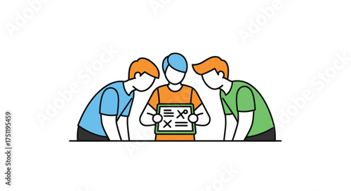 Group of three stylized people analyzing a tablet with game or quiz options.