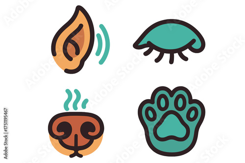 Animal senses and body parts icons set featuring ear, eye, nose, and paw symbols