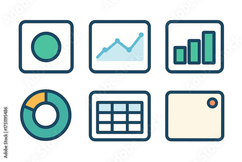 Set of six data visualization icons showing line graphs, bar charts, pie charts, and grid tables
