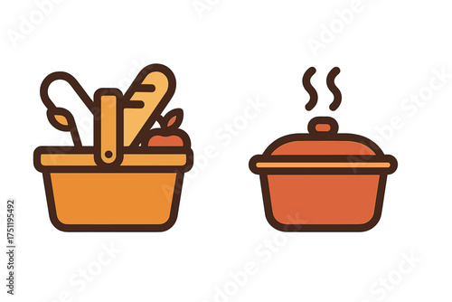 Stylized food icons showing a full picnic basket and a steaming hot cooking casserole dish
