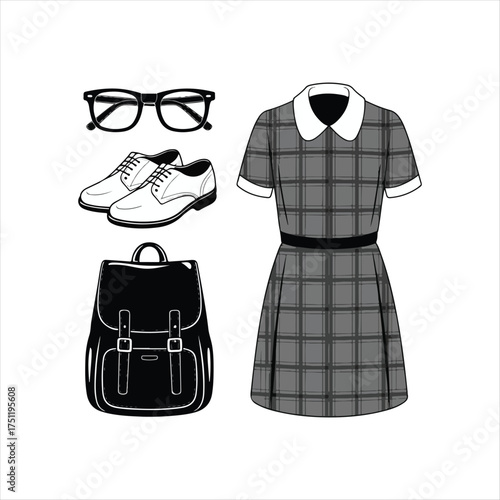 School uniform elements including shirts, ties, skirts, pants, shoes, and accessories