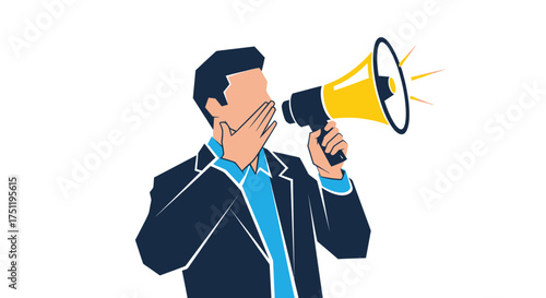 Illustrated Man in Suit Holding Yellow Megaphone for Public Announcement.