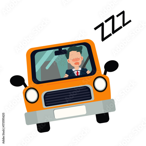 Cartoon driver sleeping while driving yellow car with ZZZ text, road safety awareness vector illustration isolated on transparent background, drowsy driving accident prevention and traffic caution des