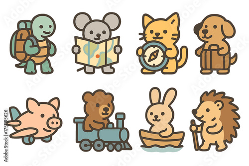 Cute cartoon animals traveling with luggage and transportation icons