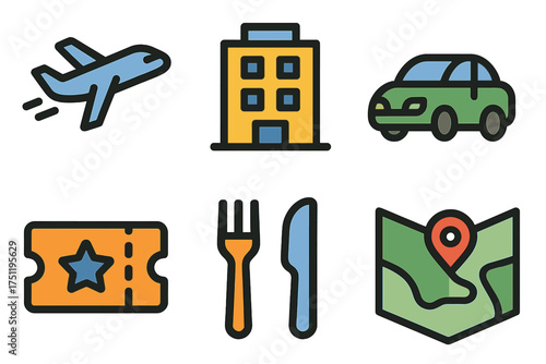 Essential travel and tourism icons: airplane, hotel, car, ticket, map, and restaurant symbols