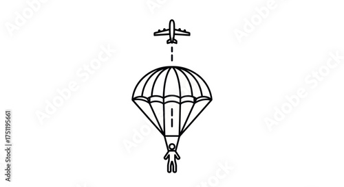 Icon of a person descending with a parachute from an airplane.