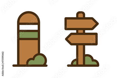 Stylized icons of wooden directional signpost and striped trail marker for outdoor navigation
