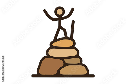 Triumphant stick figure icon standing on a balanced stack of stones with arms raised in celebration