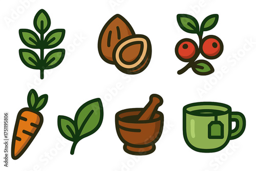 Natural health and wellness icons featuring herbs, nuts, berries, vegetables, and tea