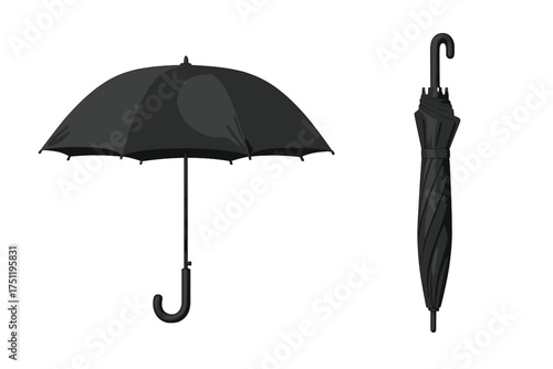 Realistic black umbrella mockup set showing open and closed positions for rain protection