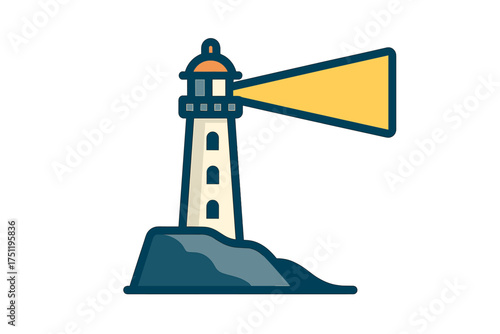 Lighthouse tower on rocky ground emitting a bright guiding light beam across the sea