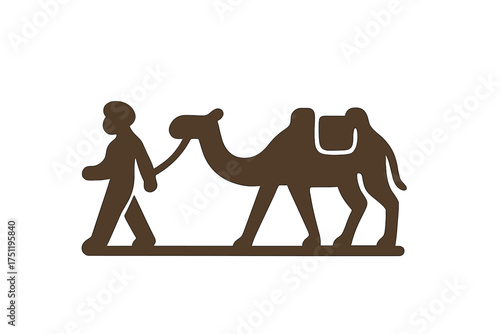 Stylized silhouette of a person walking and leading a dromedary camel with a saddle