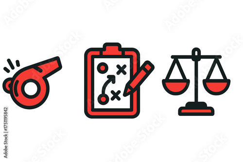Referee whistle, coaching strategy clipboard, and justice balance scale symbols