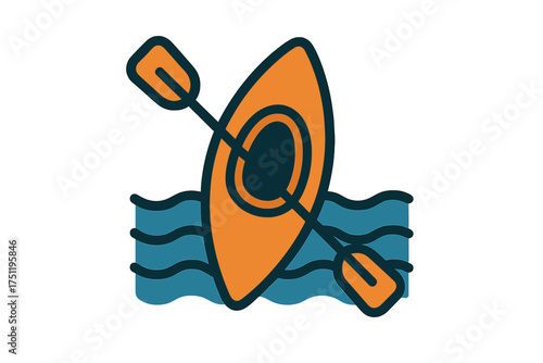 Simple graphic symbol of an orange kayak boat and paddle on wavy blue water