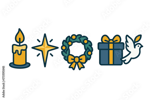 Traditional Christmas and Holiday symbols set featuring candle, star, wreath, gift box, and dove