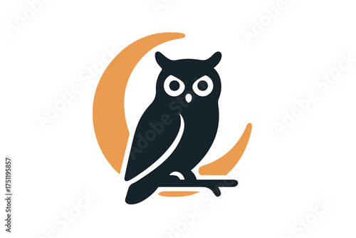 Stylized dark owl perched on a branch silhouetted against an orange crescent moon