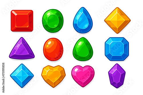 Twelve bright cartoon gemstones in various shapes and colors isolated on white