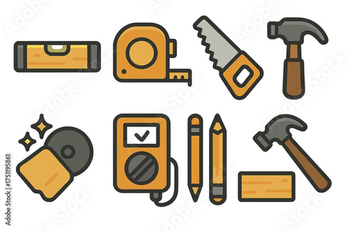 Essential construction and carpentry tools collection featuring hammer, saw, level, and tape measure