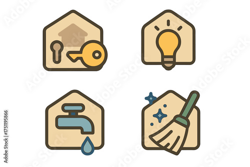 Bundle of essential household services icons including security, energy, plumbing, and cleaning symbols