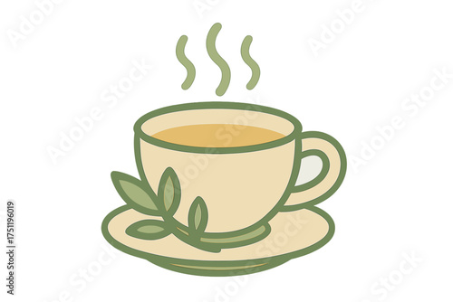 Warm beverage in a teacup with steam and green tea leaves on a matching saucer