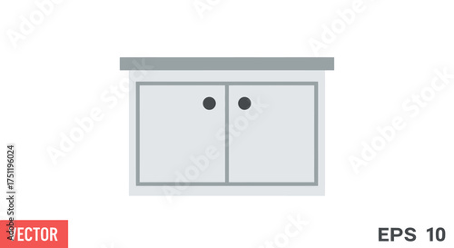 Flat vector illustration of a white two-door cabinet with grey countertop.