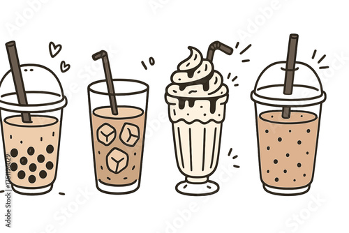 Collection of popular cold drinks including bubble tea, iced coffee, and creamy milkshake