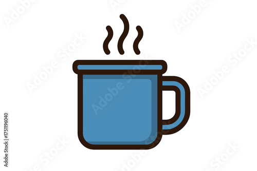 Steaming blue camping mug filled with hot coffee or tea on a white background