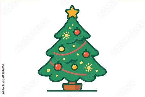 Traditional Christmas tree decorated with colorful baubles and golden star topper in a pot