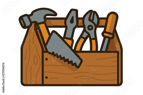 Wooden toolbox filled with essential hand tools for construction and repair work
