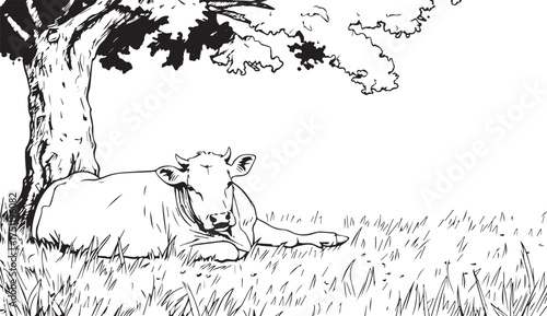 simple black and white line drawing of a cow lying under a tree in a grassy meadow. a simple vector illustration for a children's coloring book page