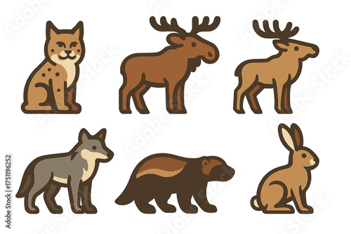 Stylized collection of six North American wild animals including moose, elk, wolf, lynx, wolverine, and hare