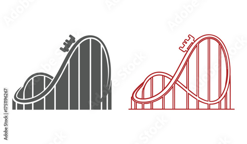 Two stylized roller coaster icons one dark grey and one red on white background amusement park ride
