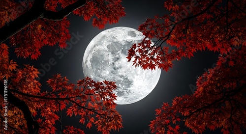 Full moon framed by autumn leaves in the night sky.