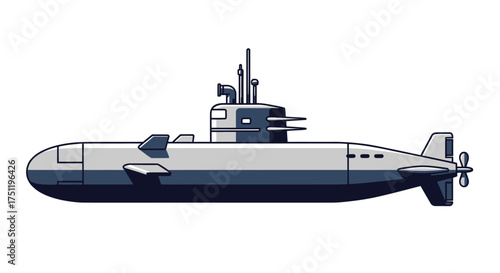 Modern Military Submarine Vessel with Periscope and Propeller.