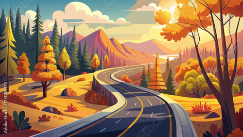 Very beautiful winding highway passing through golden autumn woods under bright sunlight, capturing the joy of road trips and scenic travel across the colorful forest landscape.
