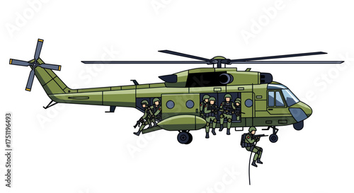 Illustration of a green military helicopter deploying special forces soldiers by fast rope.