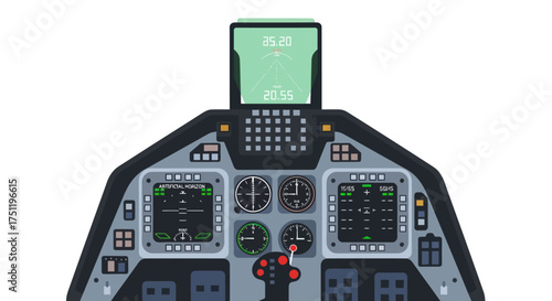 Modern Aircraft Cockpit Dashboard with Digital Screens and Tablet.