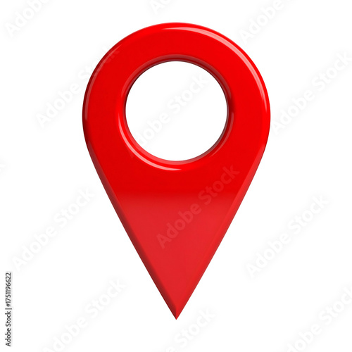 Glossy red location marker icon with a circular hole, floating against a black backdrop