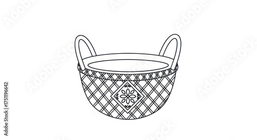 Hand-drawn illustration of a woven basket with decorative pattern and handles.