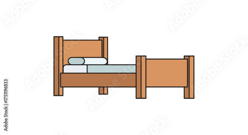 Simple Wooden Bed Illustration with Mattress and Pillows.