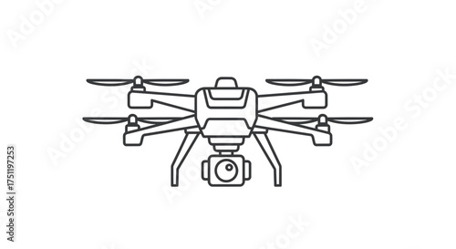 Line art illustration of a drone with camera featuring four propellers.