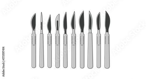 Set of Surgical Scalpels with Different Blade Shapes and Metal Handles Medical Instruments.
