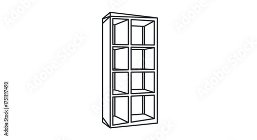A simple black and white line drawing of a tall eight-compartment shelving unit.