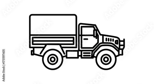 Simple black and white line art icon of a rugged military cargo truck with a canvas cover.