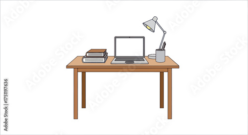 Wooden desk with laptop books and desk lamp.